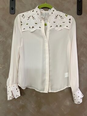 Joie Cream Button-Down Blouse with Lace Yoke and Cuffs